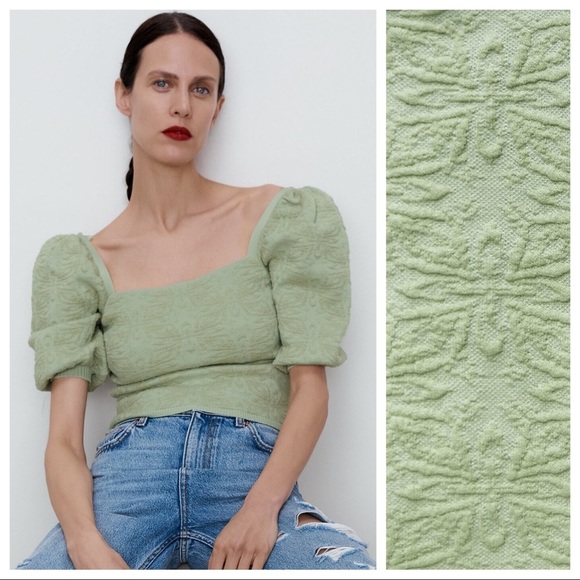 NWT. Zara Green Cropped Jacquard Top. Size M. - Picture 2 of 10